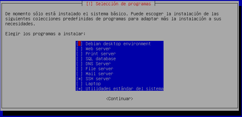 Selección de paquetes mínima en Debian